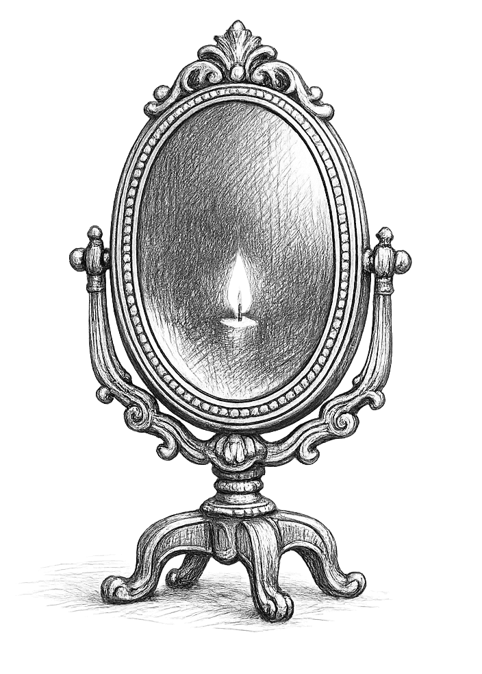 Standing mirror reflecting a flame, pencil sketch