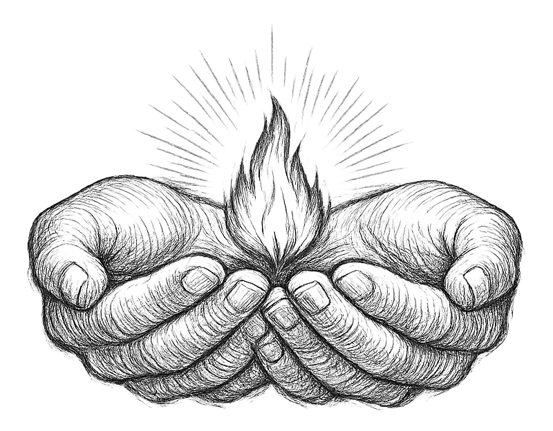 Cupped hands holding a small flame, pencil sketch