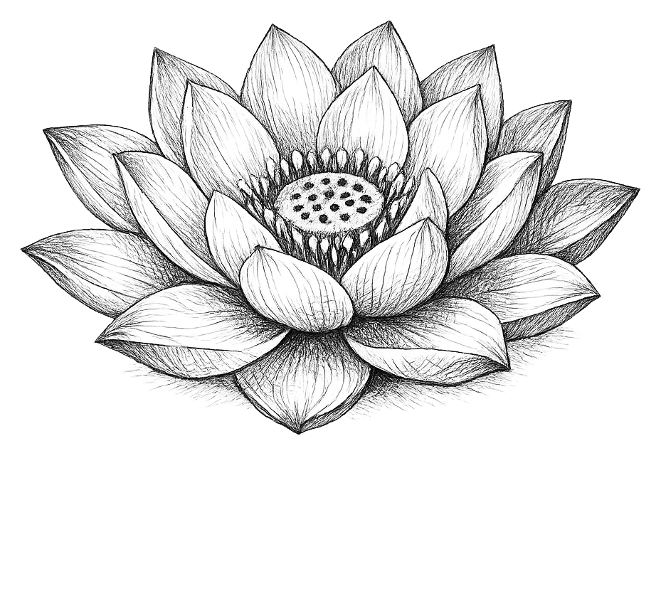 Open twelve petalled lotus flower, pencil sketch