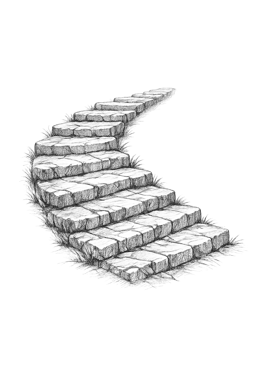 A worn stone stairway ascending, pencil sketch