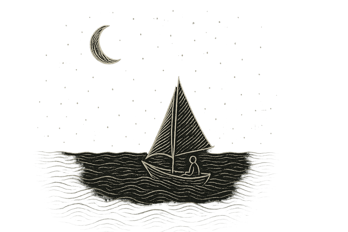 An illustrated sailboat beneath the night sky
